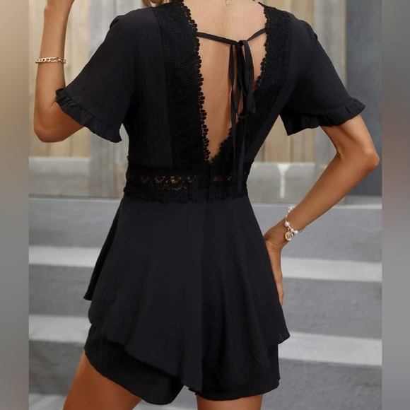 Boho Black Lace Low Back Romper - Picture 2 of 5